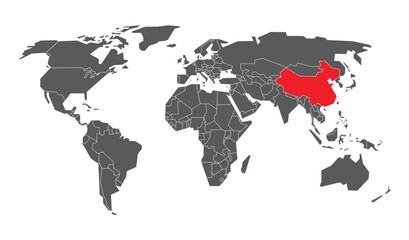 China Red Highlight On Gray World Map