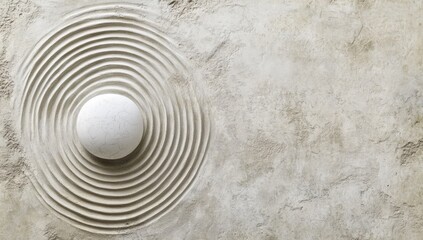 Zen garden with white stone, concentric circles on light beige surface