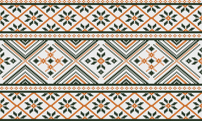  Fabric pattern, pixel pattern, green and orange tones, weaving, flowers, square shapes, natural art, used in fabric pattern design or wallpaper, various material surfaces.