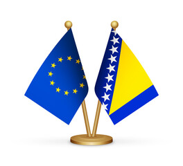 EU European Union and Bosnia and Herzegovina flags mockup 3d illustration. Versus table flags of European Union and Bosnia and Herzegovina transparent png