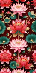 Seamless pattern of vibrant lotus flowers and green leaves on a deep red background