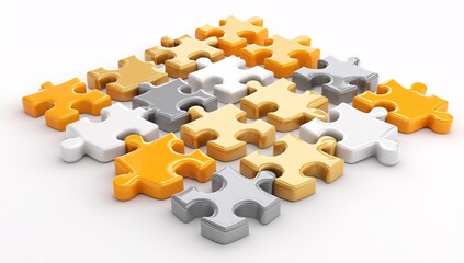 Puzzle pieces neatly arranged in a grid, rendered in 3D against a white surface.