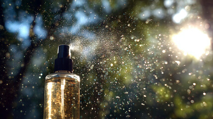 木漏れ日の中でスプレーされるゴールドラメ入りミストの美しいシーン（美容・コスメ・ナチュラル）