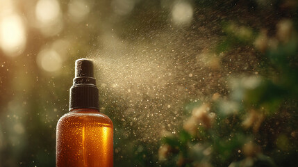 夕暮れの光に包まれたスプレーボトルと広がるミストの温かみあるシーン（美容・コスメ・自然）