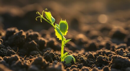 Close-up of a fresh green seedling emerging from rich, moist soil, bathed in soft golden sunlight. This macro image symbolizes growth, renewal, and new beginnings