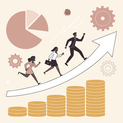 Diverse team running up arrow towards success with investment and business growth