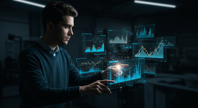 Businessperson analyzing holographic stock market data projection

