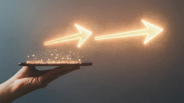 Multiple golden arrows emerge from a smartphone held by a businesswoman, symbolizing different career paths and the challenge of making the right choice in a competitive job market