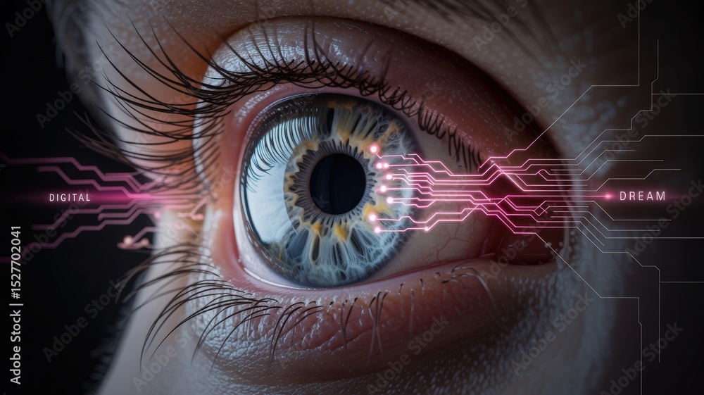 Aufkleber futuristic human eye close up with digital circuitry overlay for technology and artificial intellige