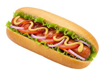 Isolated Hot Dog with Lettuce Tomato Onion Mustard Ketchup