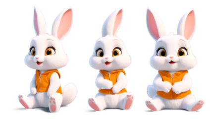 Three adorable cartoon bunnies with big eyes, sitting together cutely