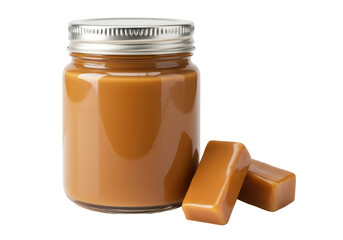 Isolated Jar of Caramel Sauce with Caramel Candy