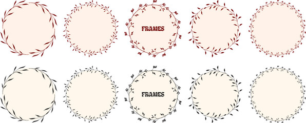 Red and black round leaf border frames in various shapes, hand-drawn leaves