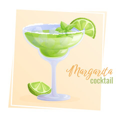 Alcoholic cocktail margarita in a glass, ice, mint, lime slice. The concept of a party, cocktail bar. Isolated vector illustration for menu design, posters, banners, covers