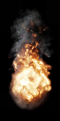 Low-angle view of Isolated tall and large Fire with Flames and detailed Smoke burning like a torch on a black background