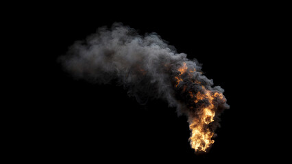 Isolated Fire with large high Flames and dense Smoke burning regularly with a strong side Wind on a black background