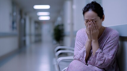 Asian woman sitting on a long plastic hospital chair along the wall, crying, Generative AI
