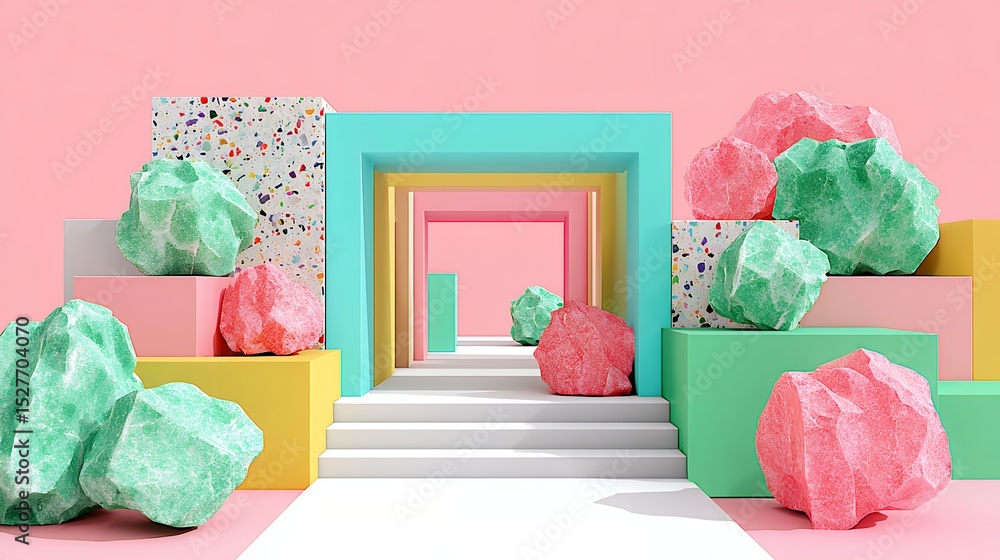 Poster pastel geometric abstract 3d render of colorful shapes and pathway