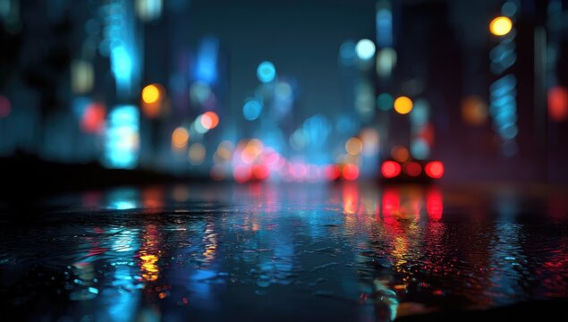 Night city street, wet asphalt, bokeh lights - Powered by Adobe