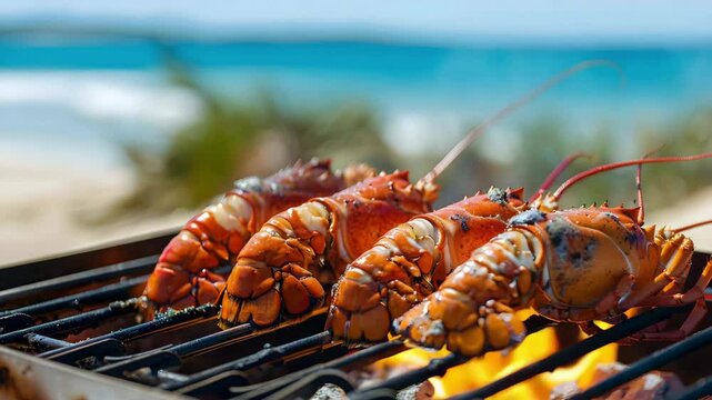 Grilled lobster tails on barbecue grill with ocean background, fresh seafood meal with flame, shell, and vibrant colors by beach
