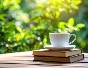 cup of coffee and book on wooden table Relaxing Outdoor Reading with Coffee and Flowers