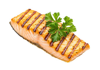 Isolated Perfectly Grilled Salmon Fillet Garnished with Fresh Parsley