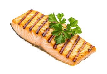 Isolated Perfectly Grilled Salmon Fillet Garnished with Fresh Parsley
