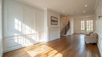 Obraz premium Spacious Bright Room with Classic White Paneled Walls