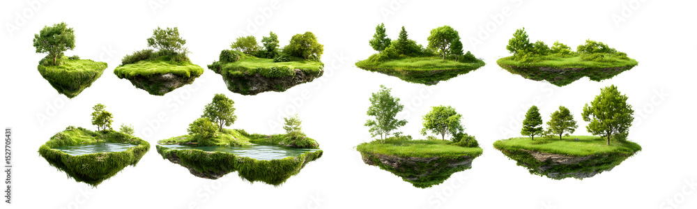 Poster set of Floating islands with lush greenery and trees. isolated on transparent background