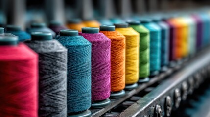 A Vibrant Array of Thread Spools, Industrial Sewing, Artistic Expression