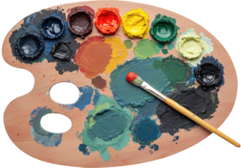 Isolated Artist Palette with Colorful Paint Smears and Brush