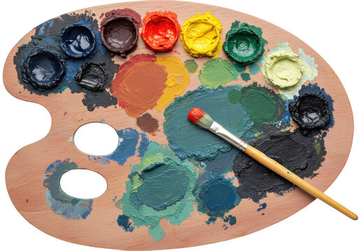 Isolated Artist Palette with Colorful Paint Smears and Brush