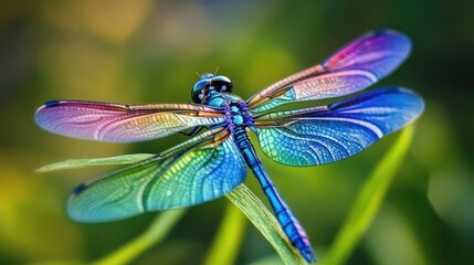 Vibrant dragonfly with iridescent wings perched on a blade of grass.  Colorful wings display a spectrum of blues, purples, and greens.  Nature's beauty