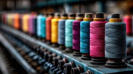 Assortment of colorful thread spools on machine creates a vibrant textile