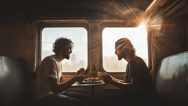Two friends sharing a warm, intimate meal while traveling by train, sunlight softly illuminating interior through vintage window, creating golden hour atmosphere of peaceful connection