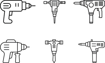 Minimalist Line Art Set of Six Power Tools in Black and White
