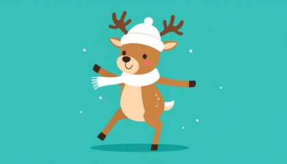 Cute Cartoon Dancing Christmas Holiday Reindeer on a Teal Background