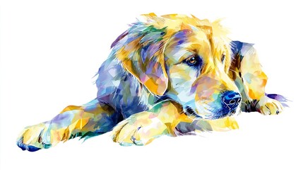 A serene golden retriever lounges dreaming of playful days in the sun a colorful watercolor painting with distinct sharp