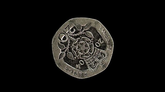 United Kingdom 20 pence 2004 reverse with crowned Tudor rose, macro loop on black background