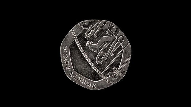 United Kingdom 20 pence 2013 reverse with Royal Shield segment, macro loop on black background