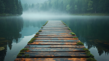 A wooden dock stretching into a calm lake in the morning mist