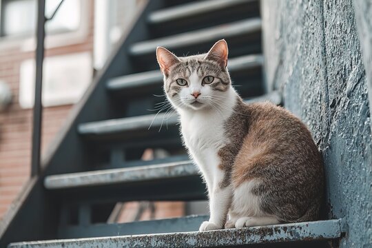 cute tabby cat sitting calmly on staircase in city neighborhood. Suitable for veterinary and pet adoption campaigns