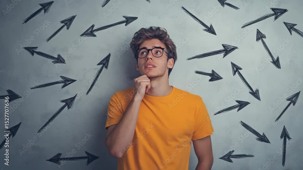 Poster multiple shots of a pensive young man with glasses and a yellow t shirt, standing against a gray wal