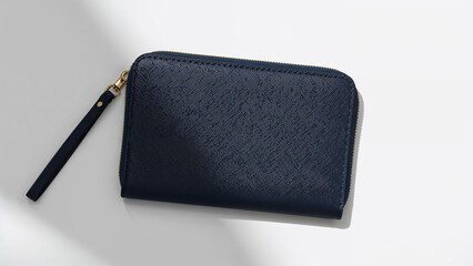 Navy Blue Wallet Mockup with Gold Zipper and Strap on White Background