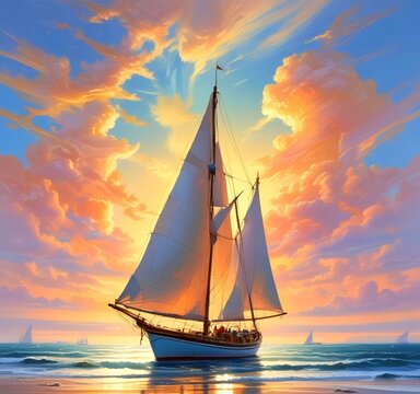Illustration of sailboat yaht in calm ocean with island and sunrise.