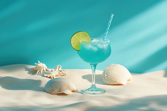 Creative drink composition featuring tropical cocktail with beach themed elements like sand and seashells, perfect for advertising travel, beach bars or summer parties