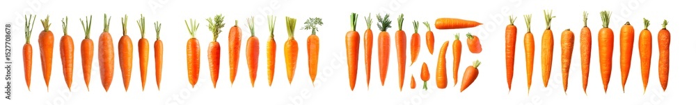 Poster set of carrots of varying sizes arranged in rows. isolated on transparent background