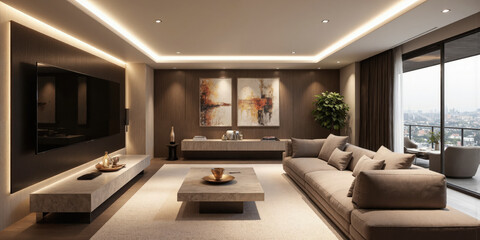 Living room modern interior design beige sofa TV wood panel wall paintings city view