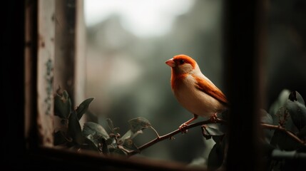 Small orange bird perched on a thin branch near an open window, enjoying the sunlight and observing the surroundings