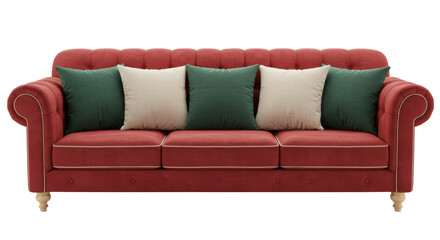 Isolated Red Chesterfield Sofa with Pillows